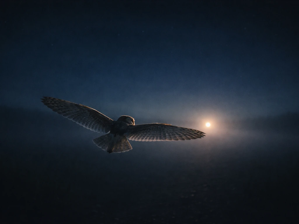 An owl gliding toward a soft glowing light, suggesting a spiritual message in a quiet night sky