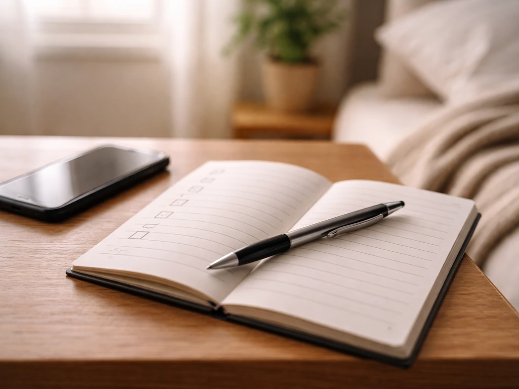 Open journal with a pen on a bedside table, morning light suggesting a bird-dream interpretation routine.