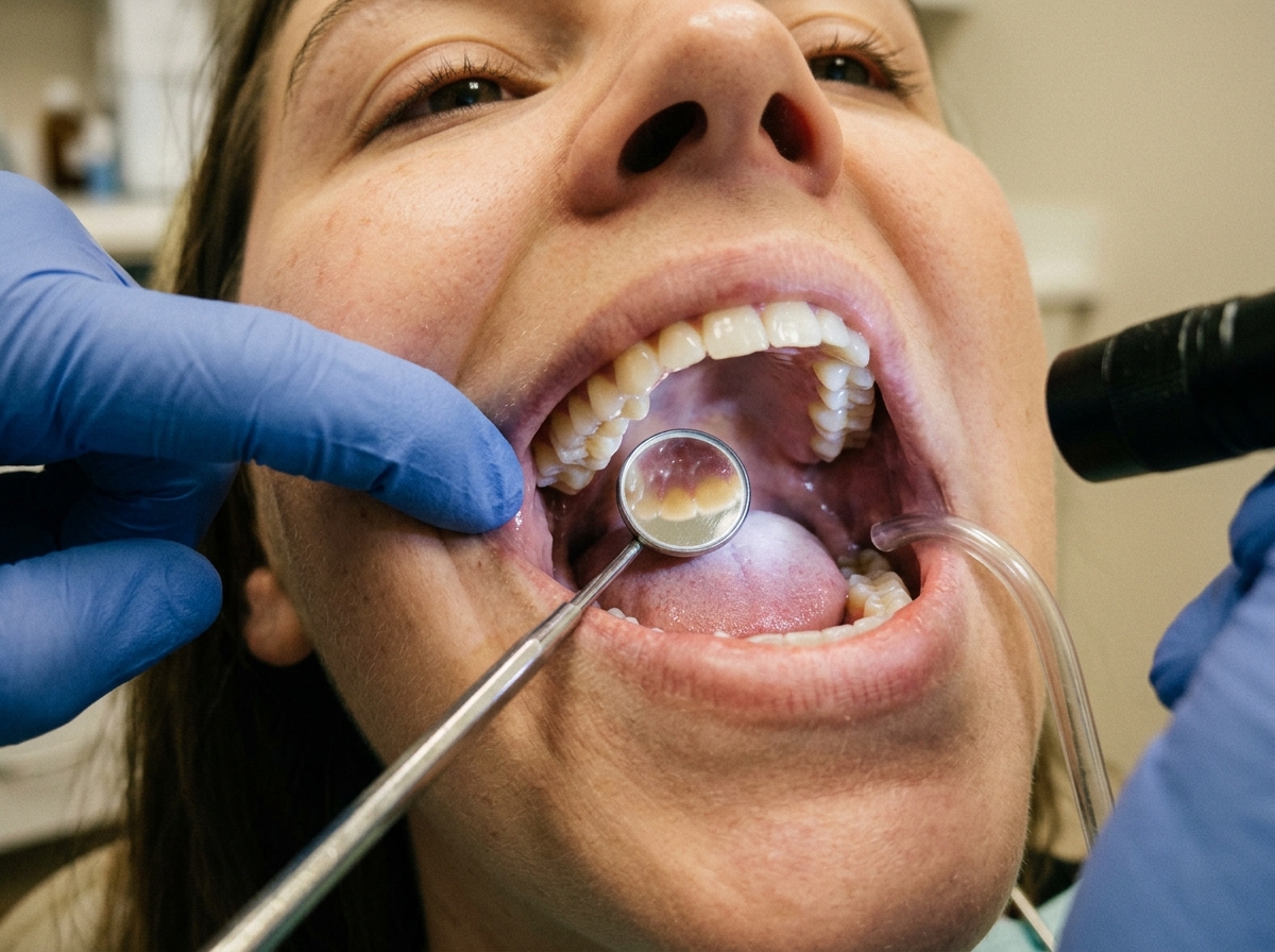 Dental mirror and flashlight used to check the back teeth for a stuck object