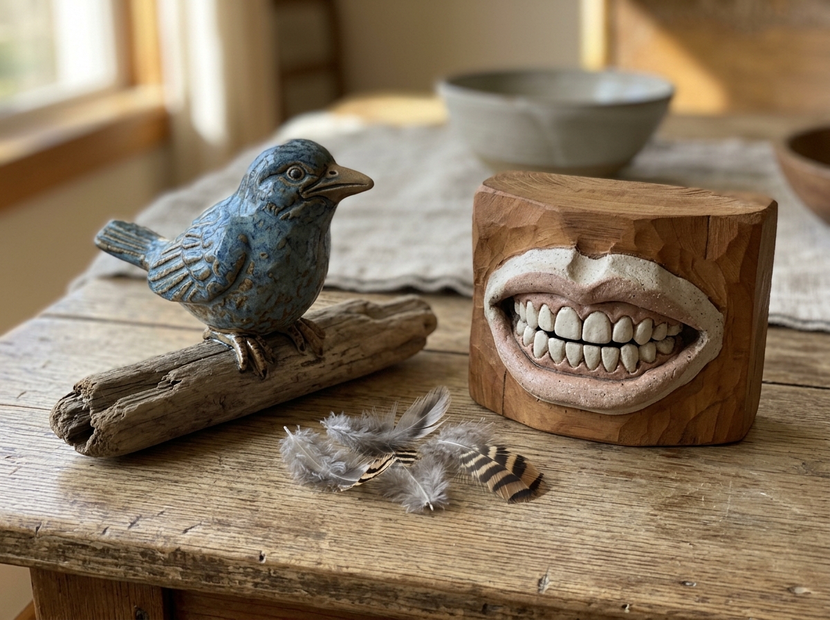 Bird figurine placed near a mouth/jaw model to illustrate symbolic meaning