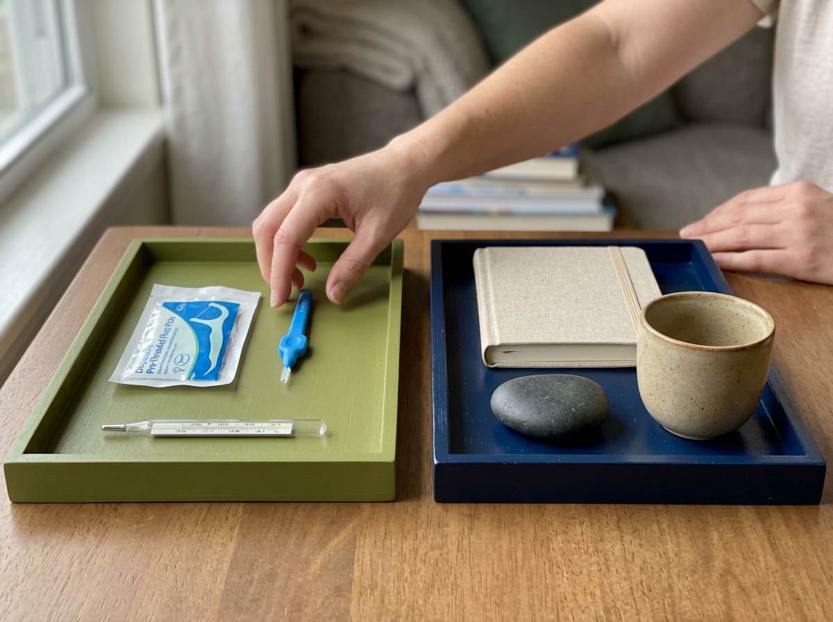 Separated trays of dental tools and reflection items for choosing next steps