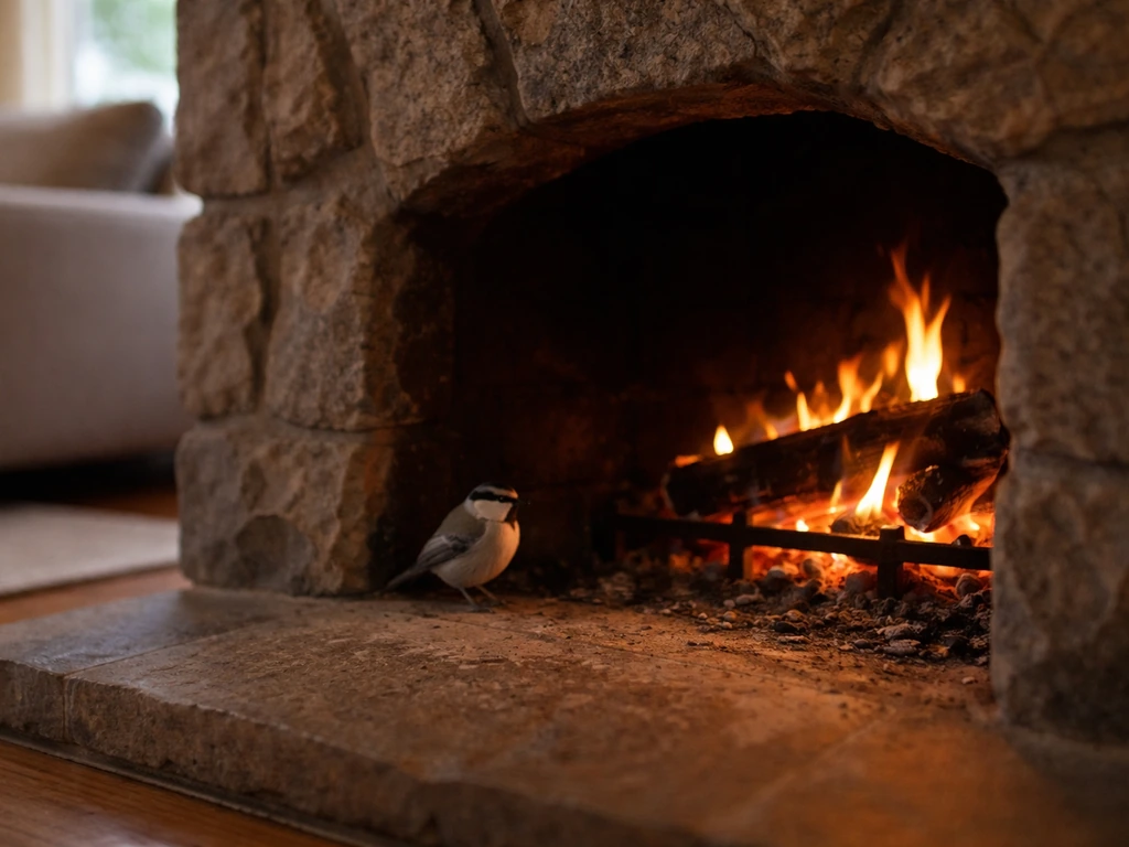 Cozy living room fireplace with a small bird perched at the chimney mouth, warm light and calm mood.