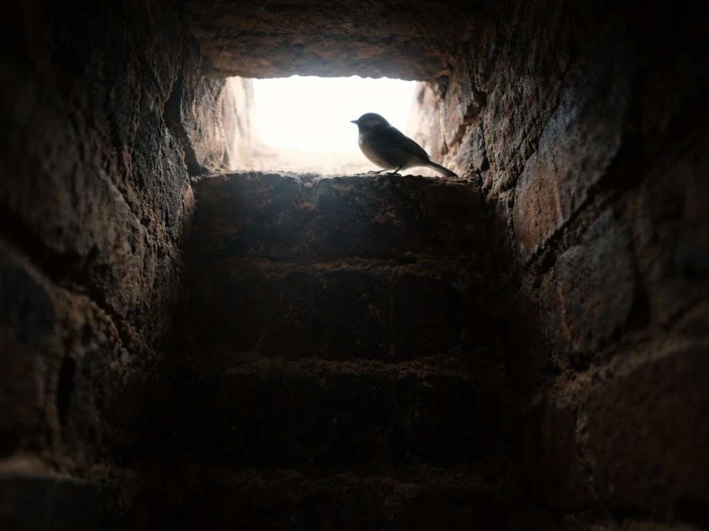 A small bird perched near the top of an open chimney flue, entering from above in natural light.