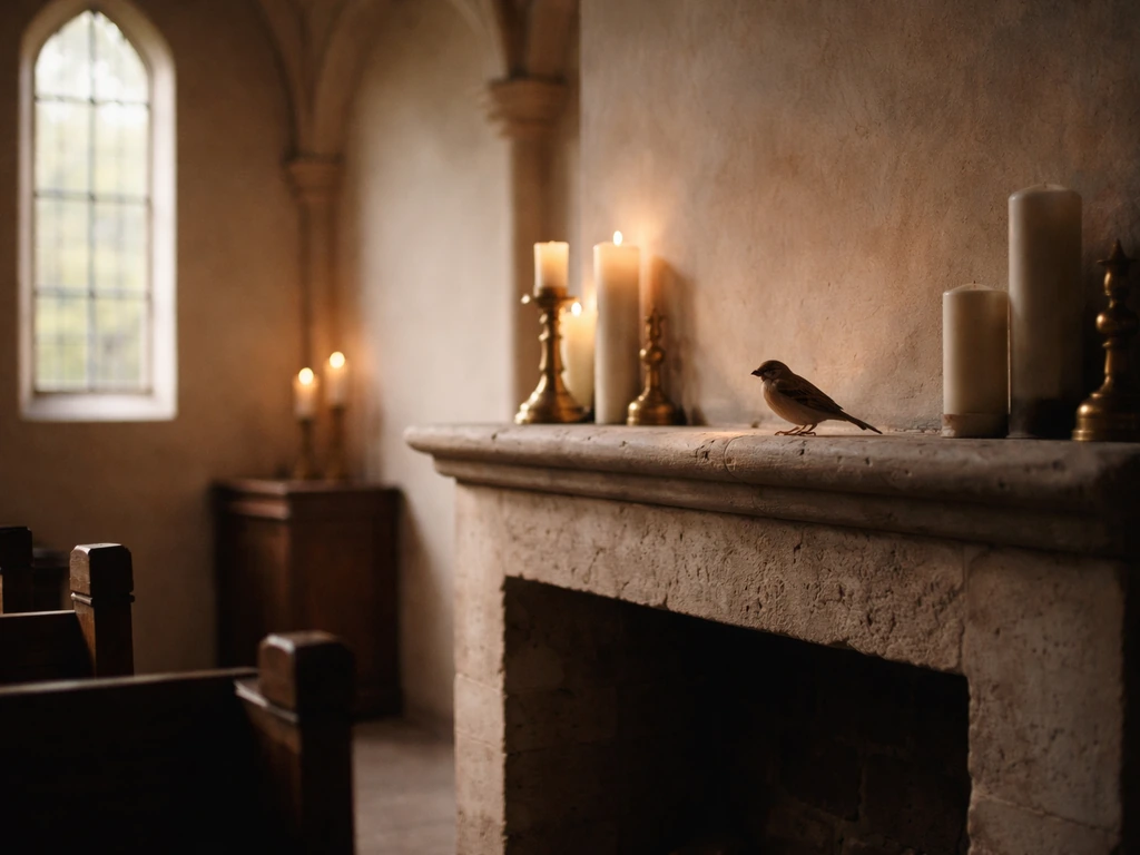 Small bird perched near a stone fireplace inside a quiet church chapel.