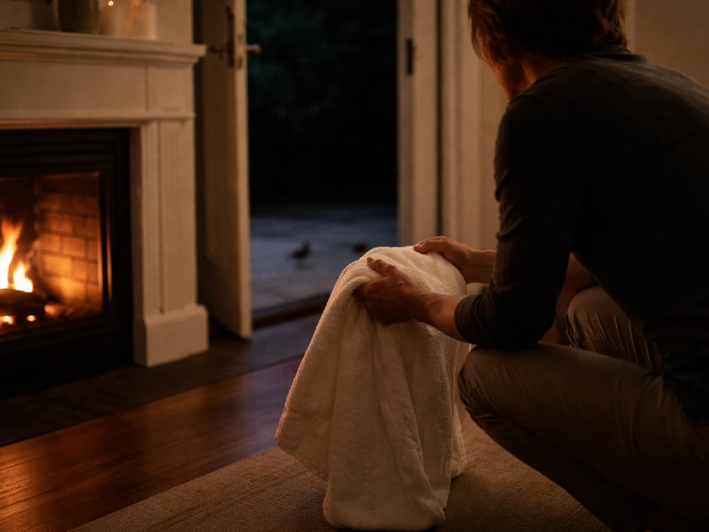 Person near fireplace with towel ready, window/door open to help a bird escape in a dim living room.