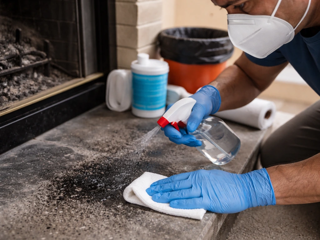 Gloved hands wearing an N95 mask dampen soot on a fireplace hearth with cleaning supplies nearby