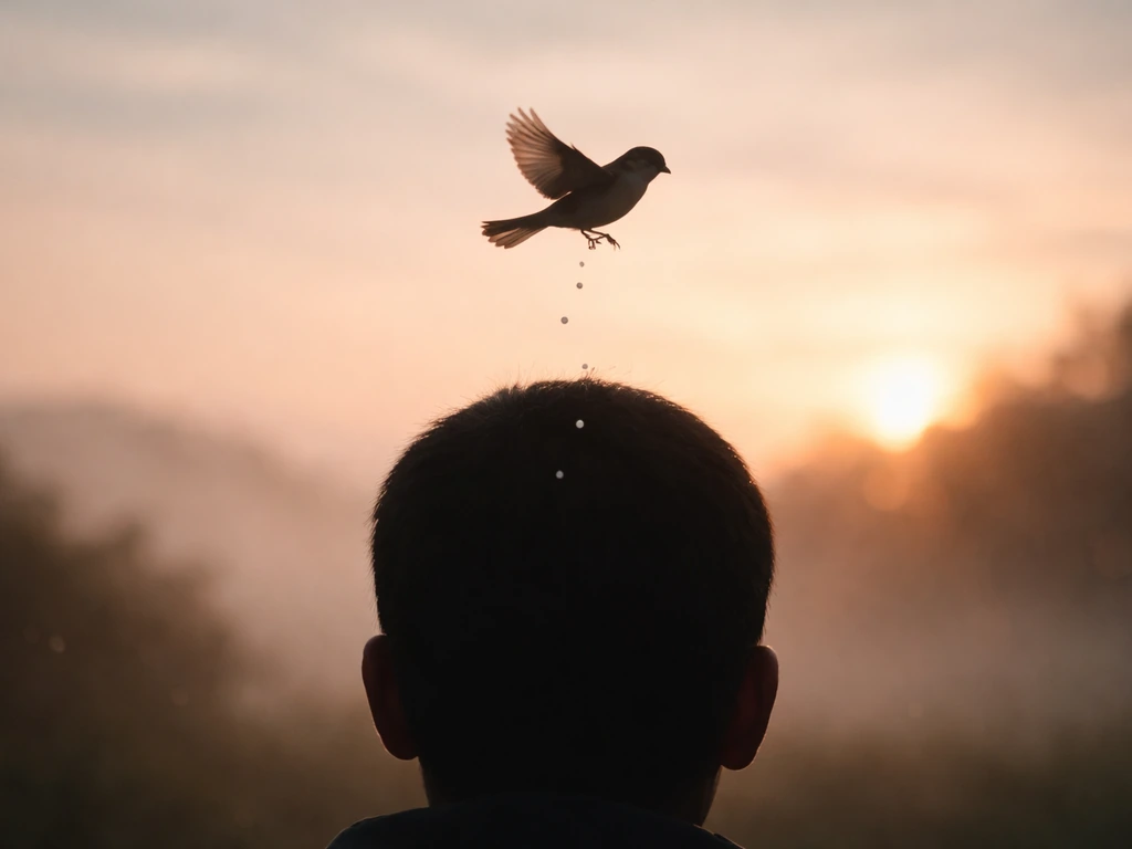 Dreamlike scene of a bird about to land near a person’s head silhouette with small droplet specks in soft light.