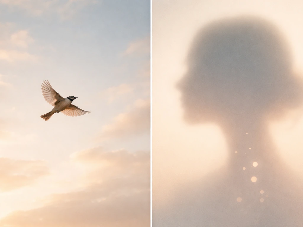 Split-scene showing a bird in flight for freedom and a subtle head-and-droplet motif symbolizing new messages.