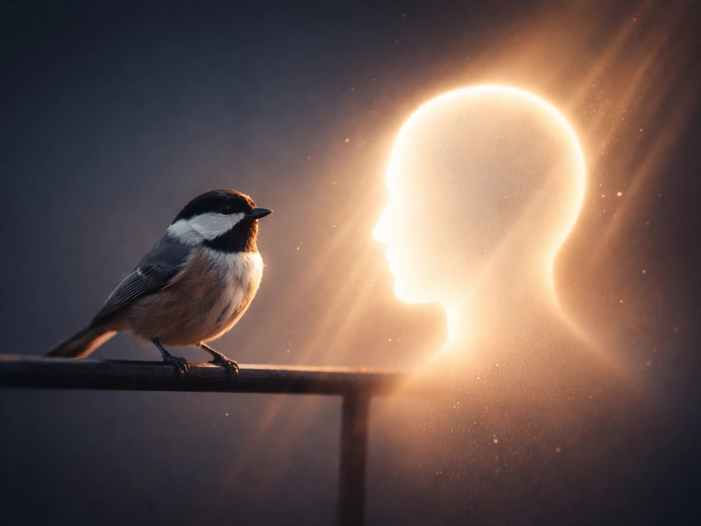 A small bird perched beside a glowing head silhouette with warm refracted light suggesting spiritual energy release.