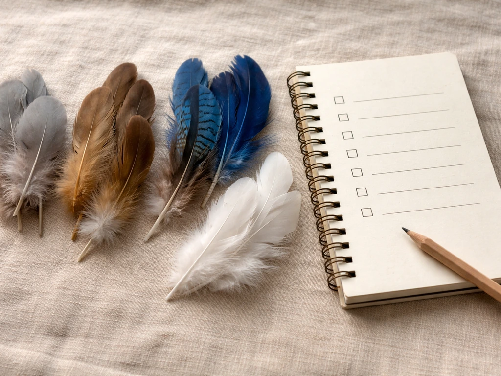 Close-up of colorful bird feathers in soft light with a handwritten-style checklist on a notebook