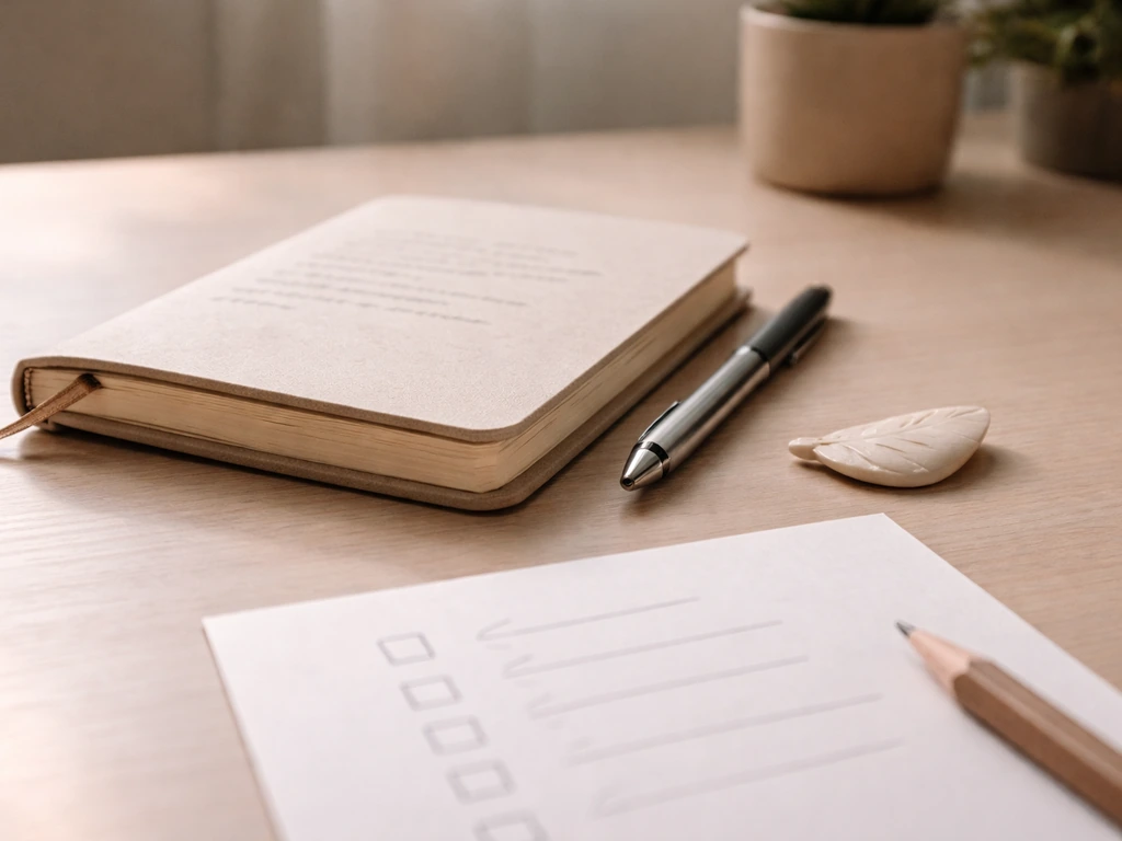 Minimal desk scene with a notebook, pen, small bird-feather token, and a simple reflection checklist.