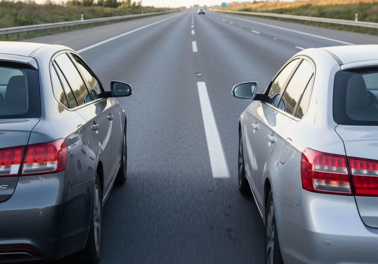 Two cars on a highway lane change while one dangerously tailgates behind, tense driving moment.