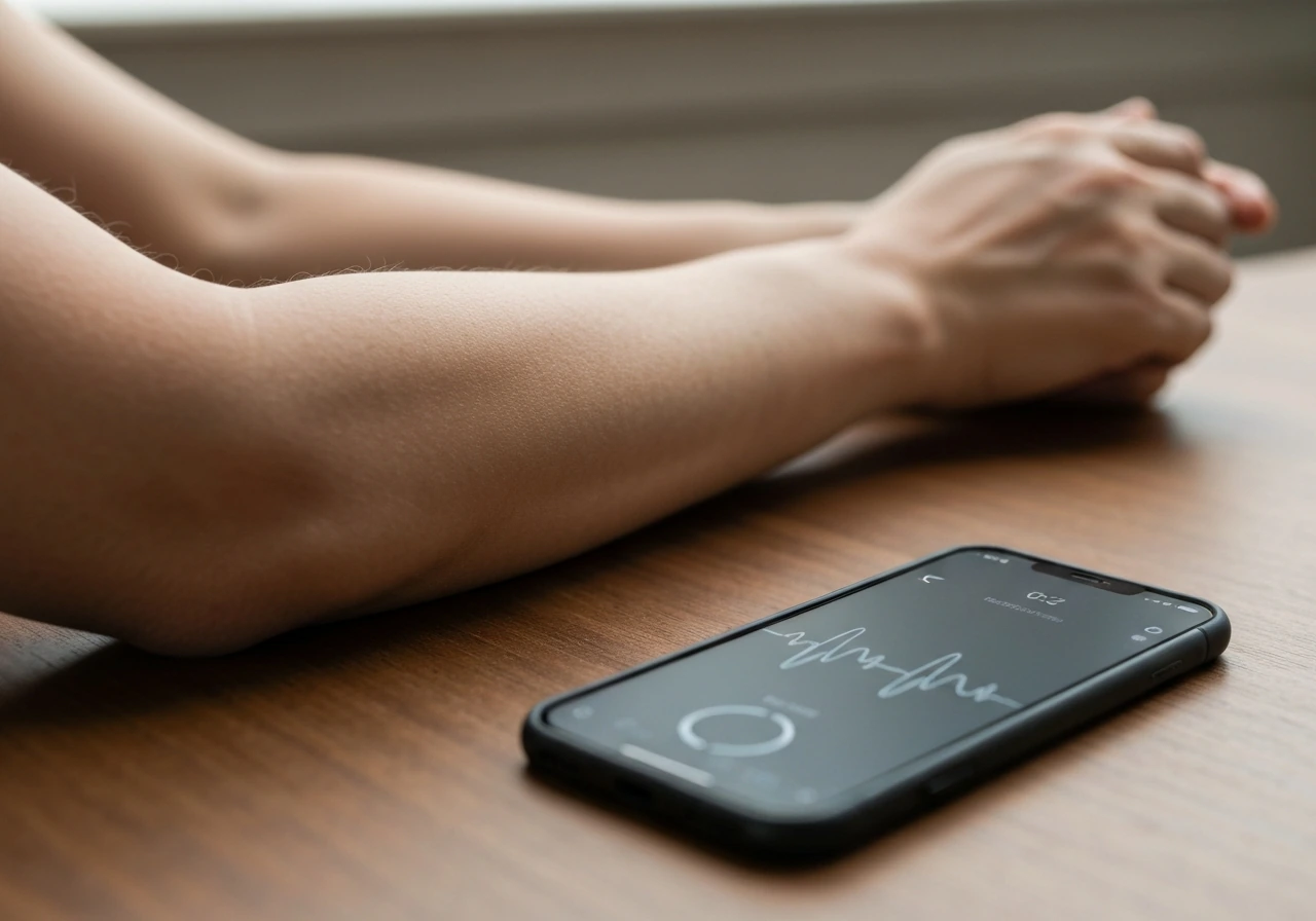 Calm arm resting beside a phone showing a wave-like breathing timer for urge surfing metaphor.