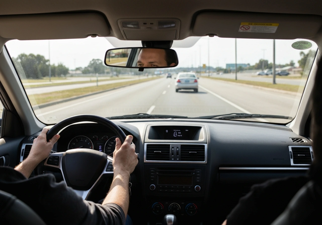 Driver with hands on the wheel increases distance from another car on a quiet road.