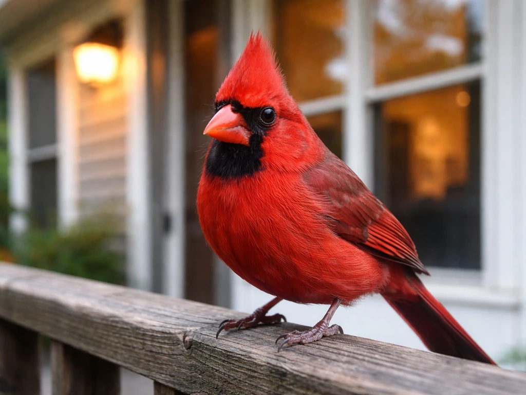 Bright red Northern cardinal perched near a front porch window, vivid feathers in soft natural light.