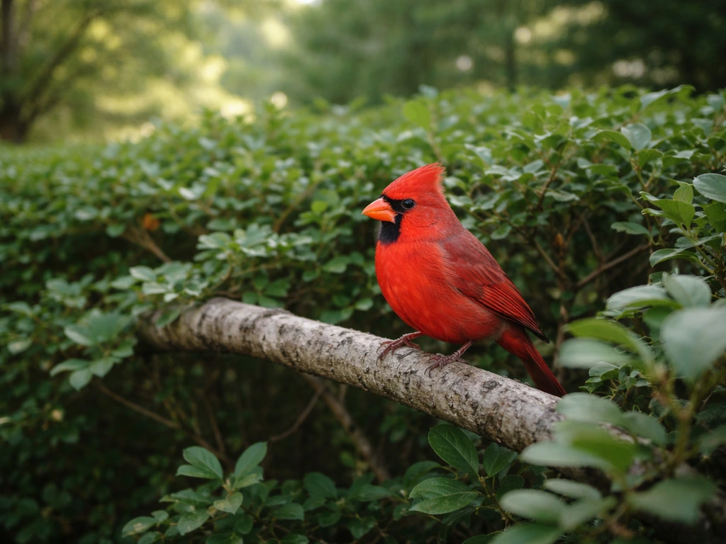 A Northern cardinal perched on dense hedgerow shrubs outside a home in natural morning light.