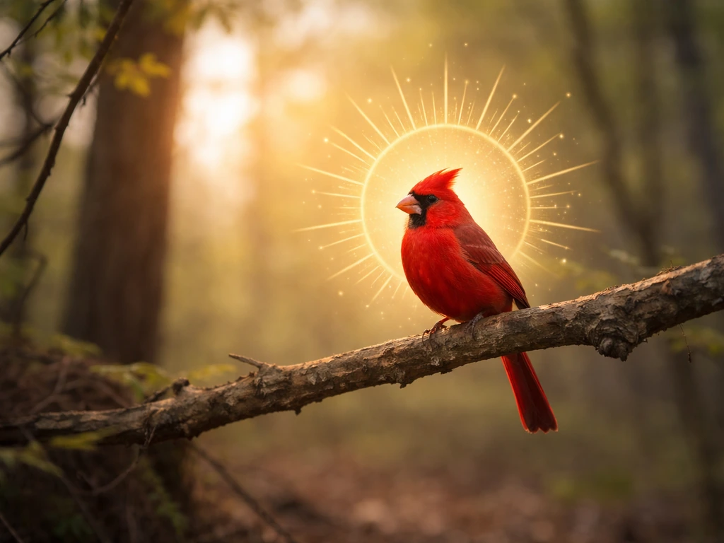 Red cardinal perched at a woodland edge with warm sun-like halo glow in soft morning light.