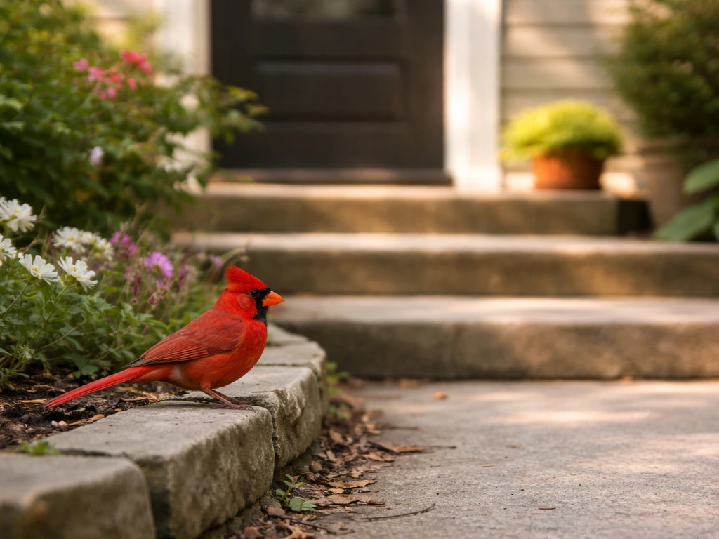 A red cardinal perched by the garden border next to front door steps in soft morning light.