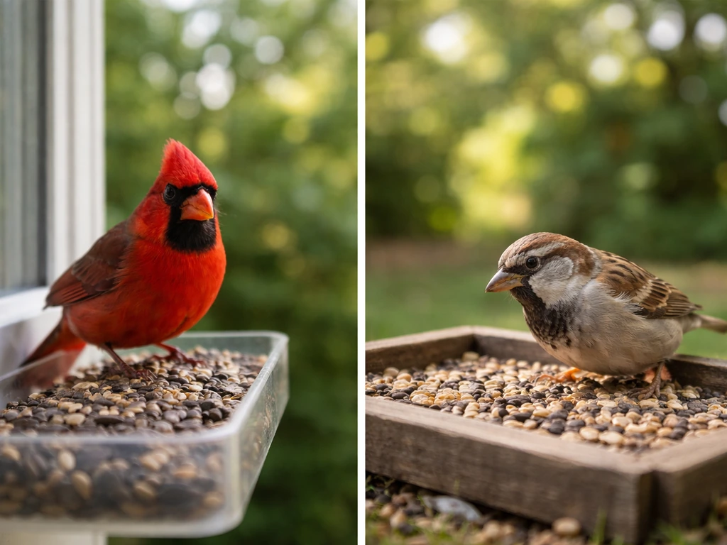Split photo: a red cardinal at a window feeder and a small sparrow/finch at a nearby feeder.