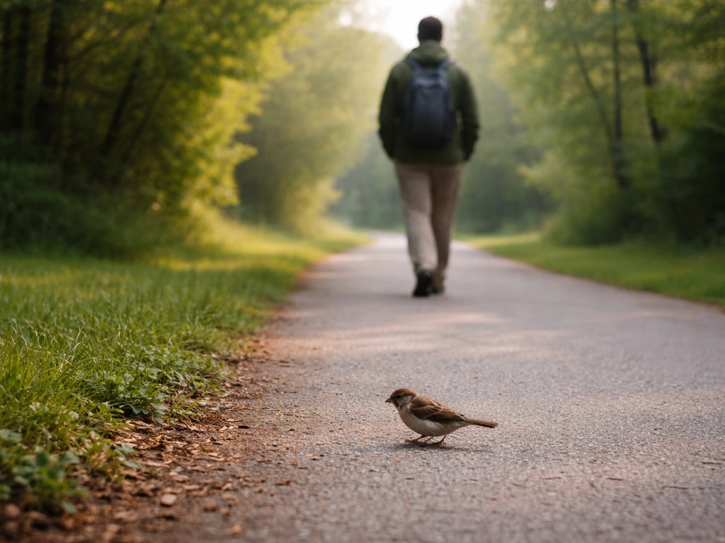 A small bird hopping along a walking path while a person walks ahead nearby.