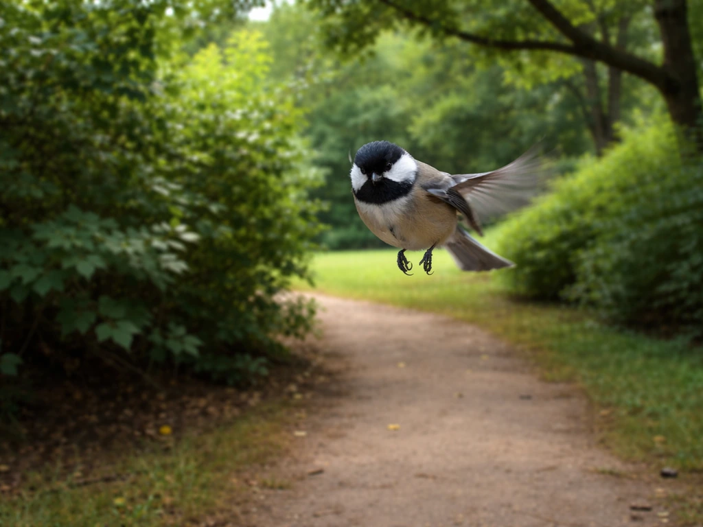 Small songbird hovering near a quiet park path beside shrubs and tree cover, suggesting nesting defense.