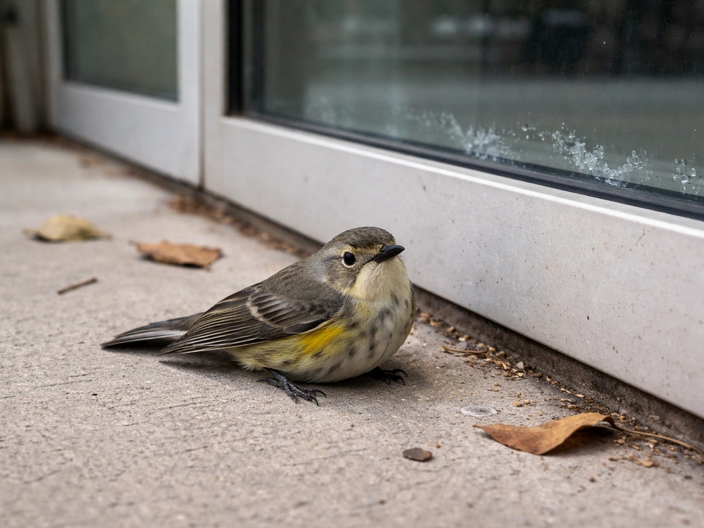 Small bird perched on the ground near a nearby window, appearing disoriented after a glass strike