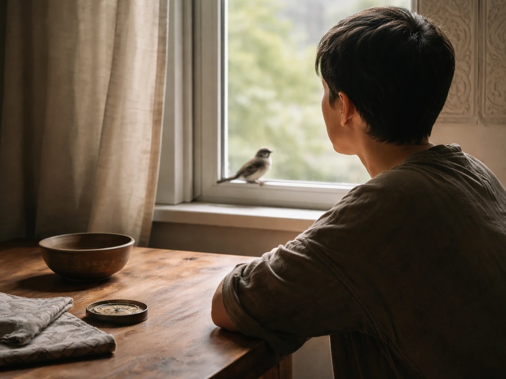Person in a quiet room observes a nearby bird, with subtle cultural symbols in the background