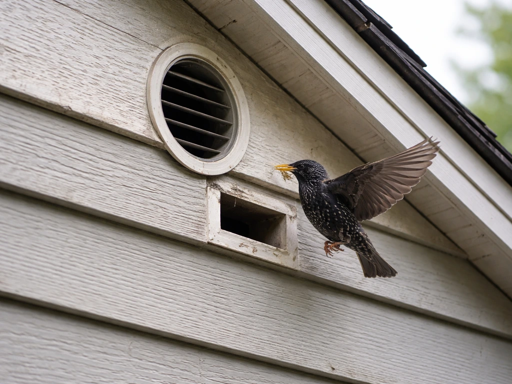 European starling hovering near a home's exterior vent and roof gap, suggesting nesting entry points.