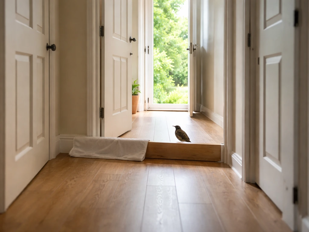 Indoor room with closed doors in front and an open window behind, guiding a starling toward the exit.