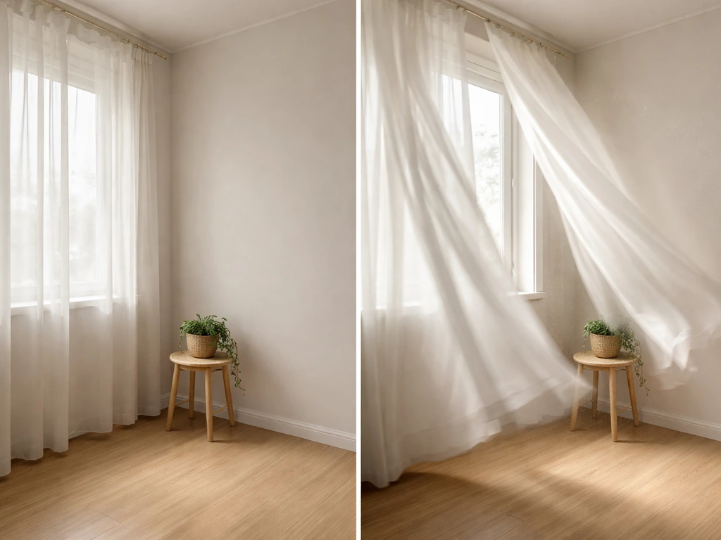 Split scene showing calm brief visit near a window versus startled frantic flight with motion blur near curtains.