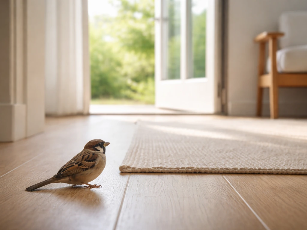 Small wild bird inside a bright room near an open door, calm safe exit moment.