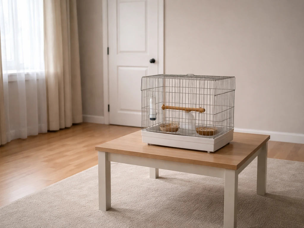 Calm room with a closed door, a birdcage on a table, and empty floor space—pets out of frame for safety.