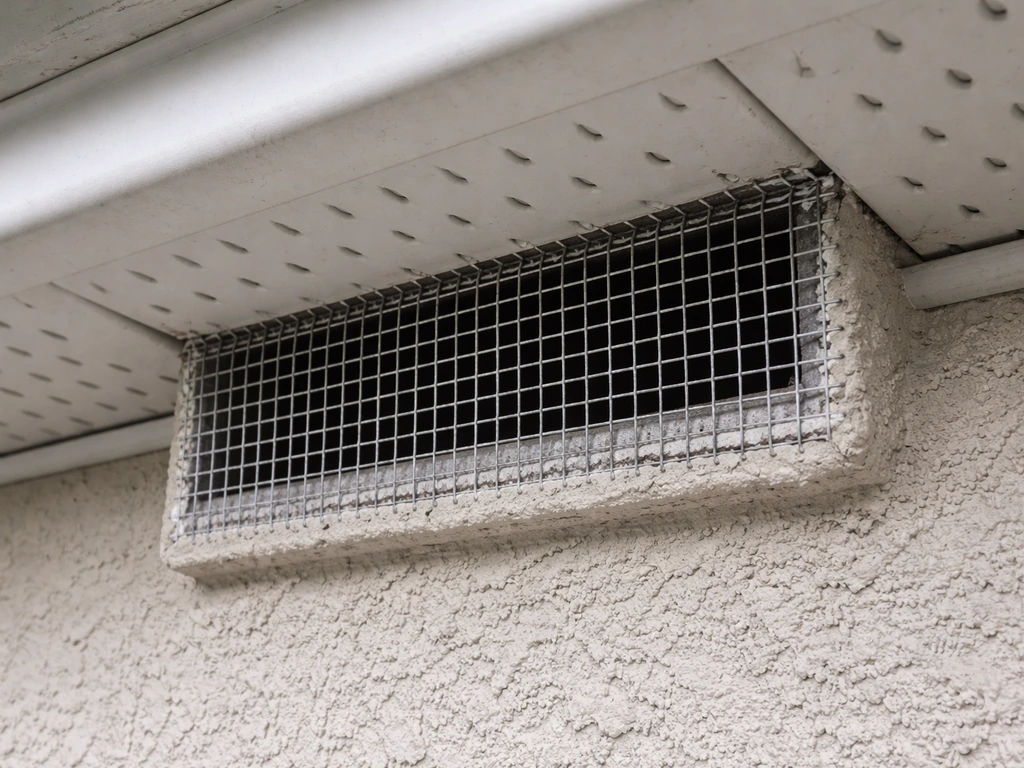 Close-up of corrosion-proof wire mesh covering a home vent gap outdoors.