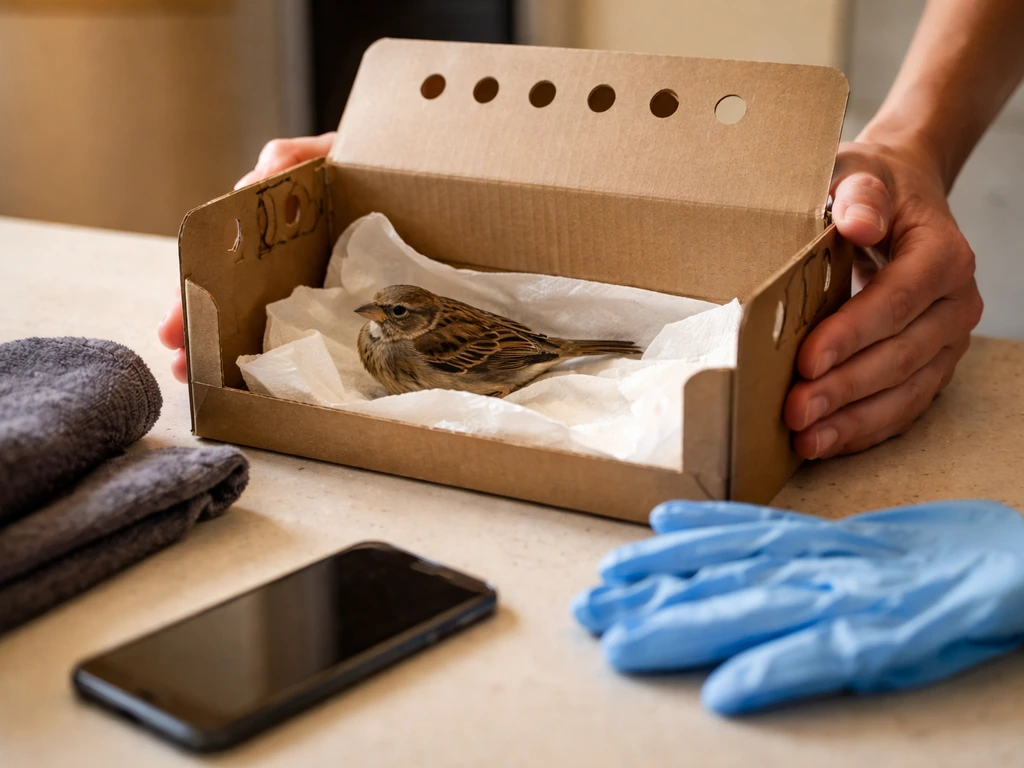 Injured small bird in a lined carrier on a kitchen counter as a helper prepares to call for help.