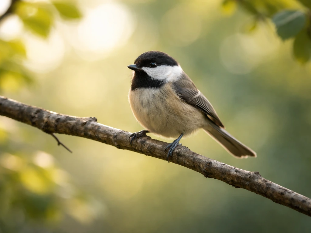 A small bird calmly perched on a tree branch in soft natural light.