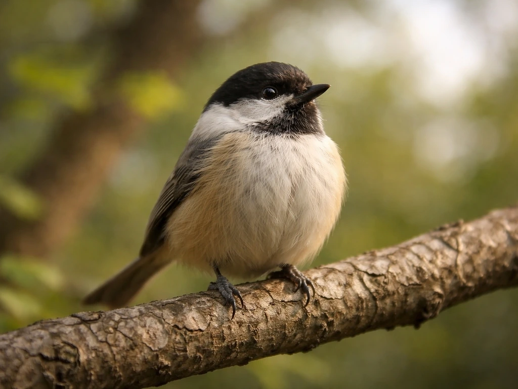 Small songbird perched calmly on a tree branch, showing rest and energy conservation.
