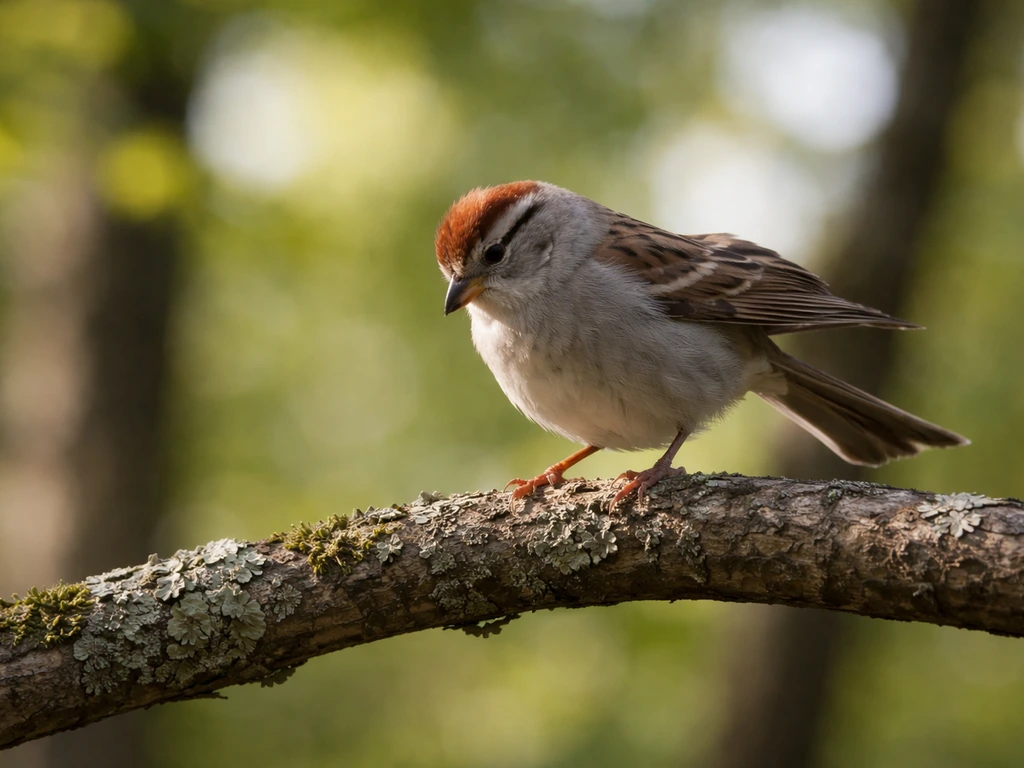 Small bird alert on an elevated branch, fluffed feathers, watching the ground below in warm sunlight