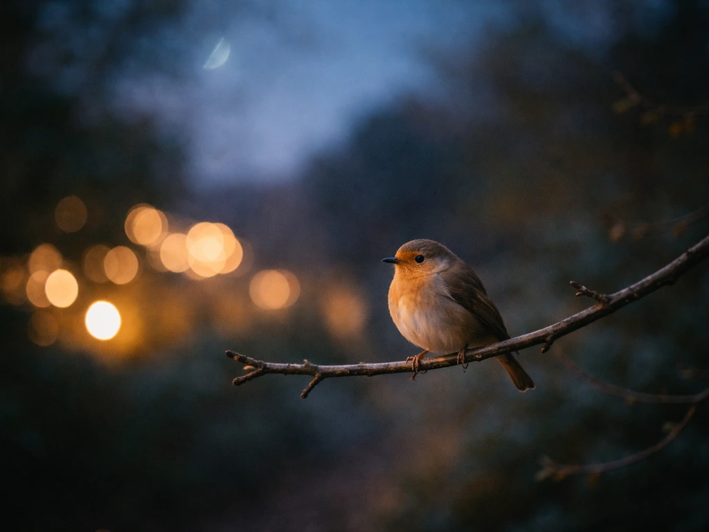 A small bird calmly perched on a branch above a softly blurred night sky with dreamy bokeh lights.