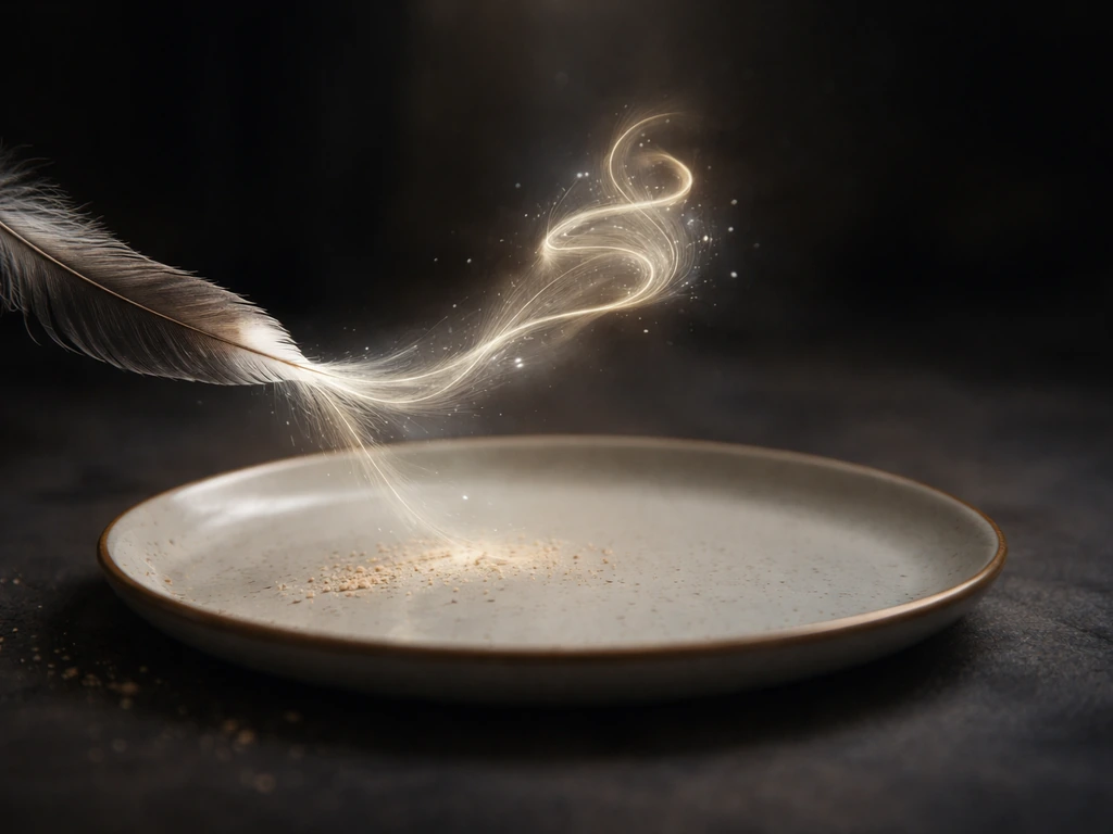 A bird feather glows above a simple plate, suggesting spiritual guidance in an eating-a-bird dream meaning