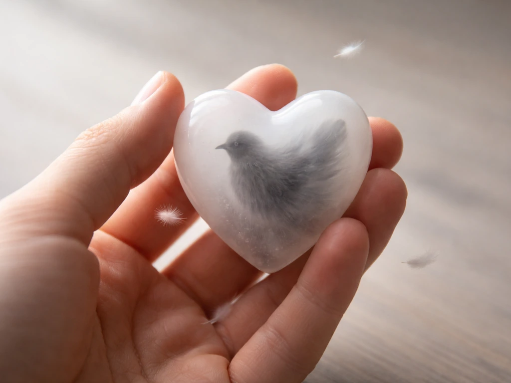 A hand holding a small glowing heart-shaped symbol where a bird silhouette subtly blends in