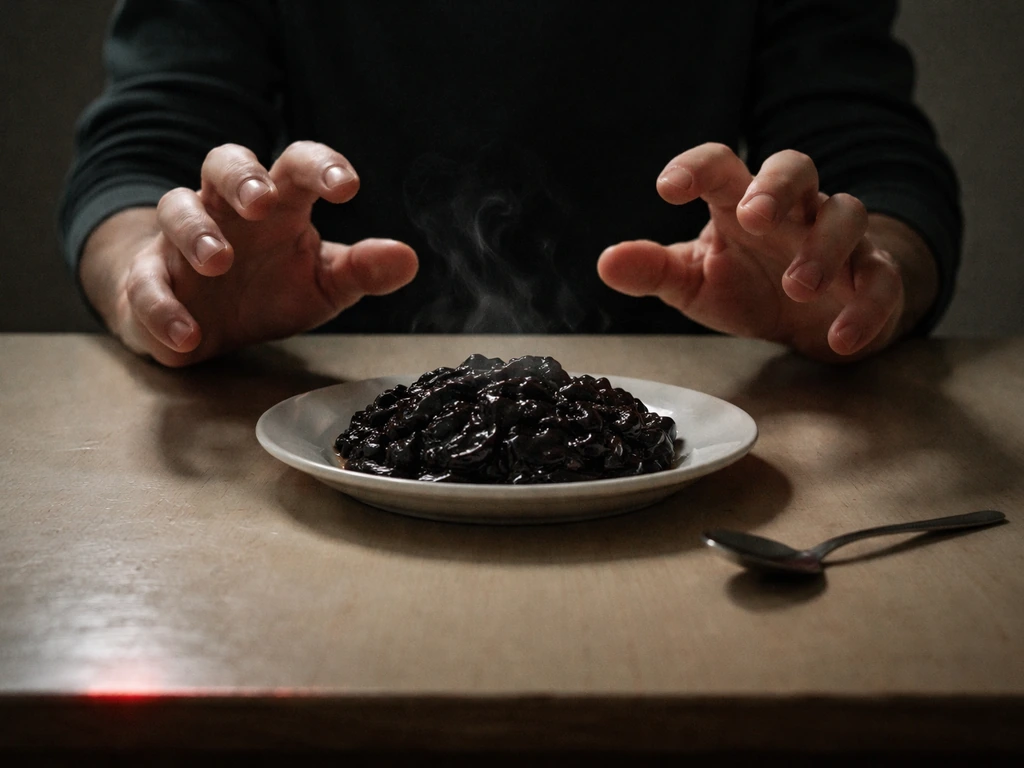 A lone pair of hands hesitating over a dark, tense meal on a plate, showing moral conflict and disgust.