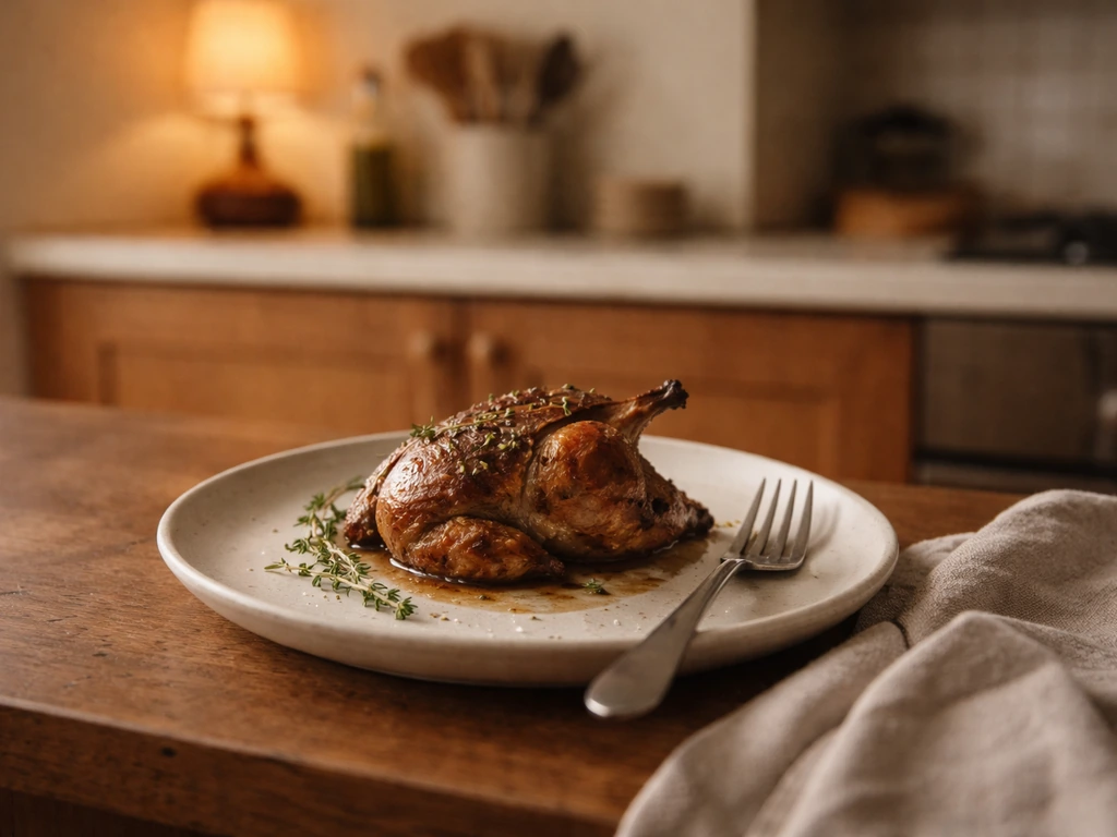 Roasted bird dish on a home dining table with a softly lit, minimal kitchen background