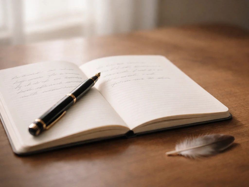 Open journal with reflection prompts and a pen beside a small feather on a quiet desk