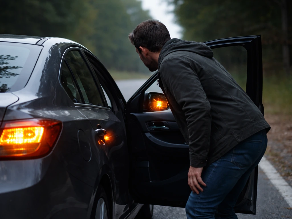 Car pulled over on the roadside with hazards as a driver checks mirrors before exiting