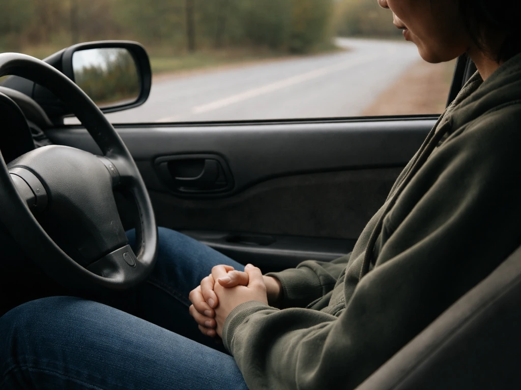 Anonymous person in a parked car, hands held together in calm reflection after pulling over.