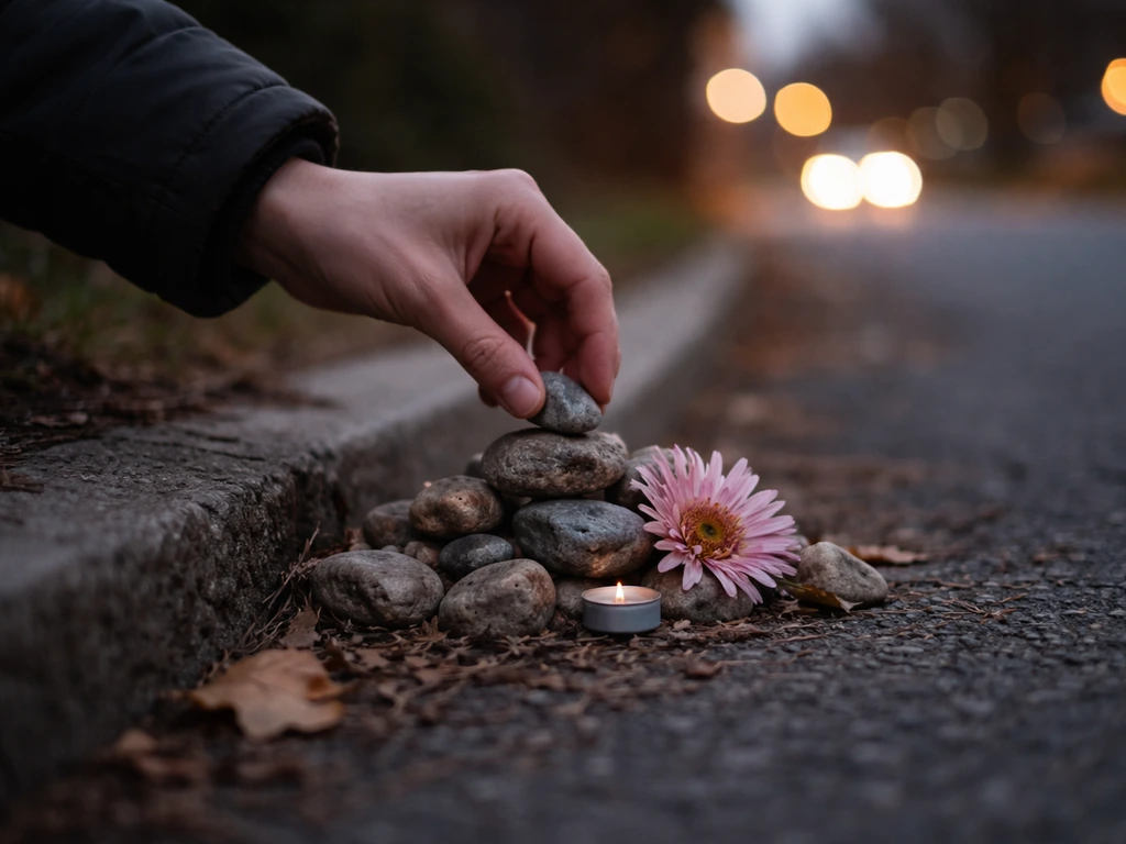 Anonymous hand gently placing a small stone on a quiet roadside memorial by the curb.