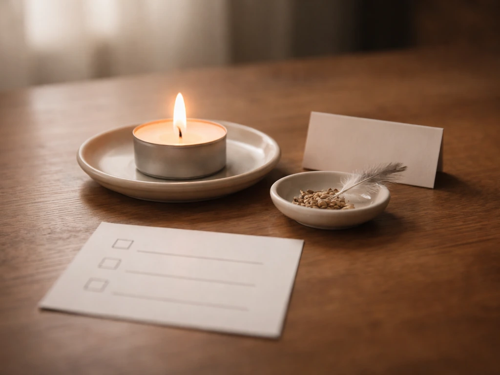 Tea-light candle with a small bird offering and a blank note card beside a simple checklist.