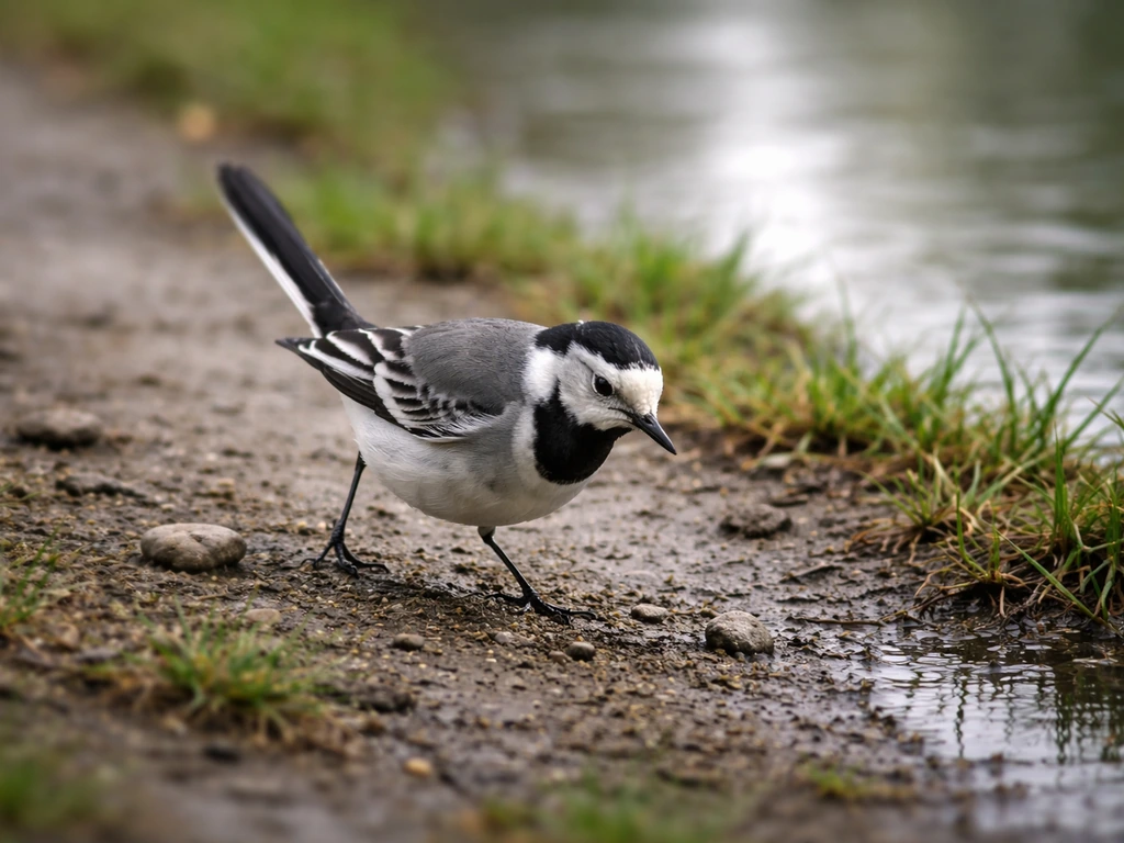 A small wagtail pumping its tail while foraging on wet ground near a path by water