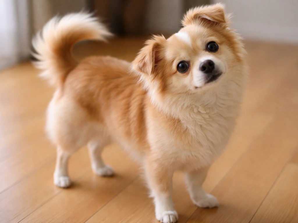 Close-up of a calm dog showing tail position, head angle, and relaxed body posture in natural light.