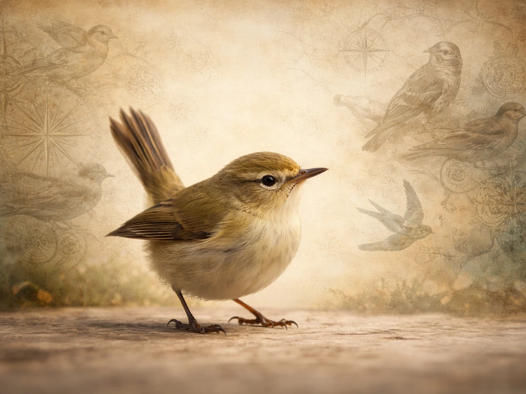A real small bird wagging its tail in the foreground with vintage bird-symbolism collage elements behind it.
